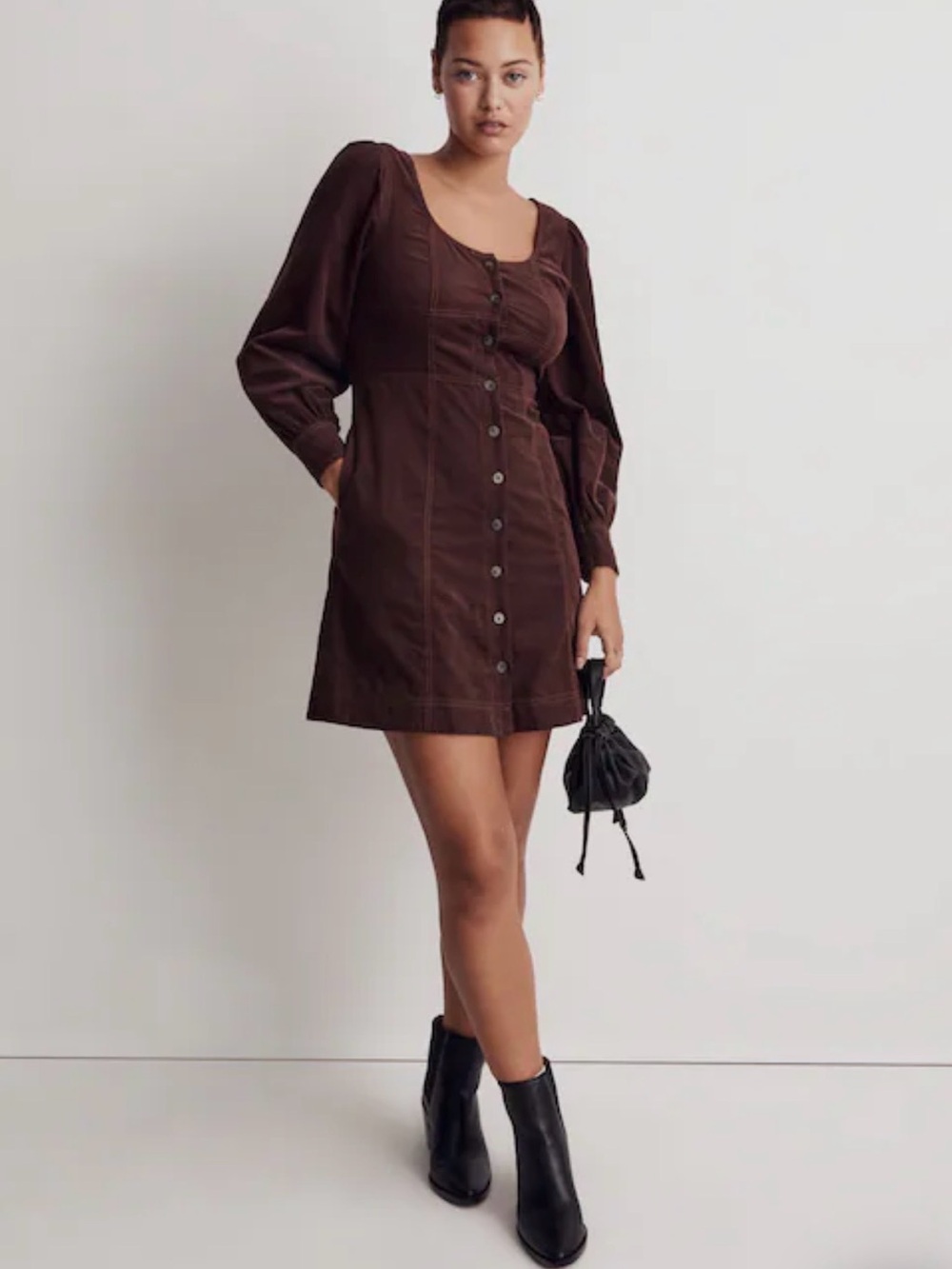 Madewell Chocolate Brown Button-Front Puff Sleeve Mini Dress